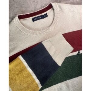 Nautica Sweater Mens 2XL Rugby Stripe Crewneck Pullover Sail Logo Burgundy Green